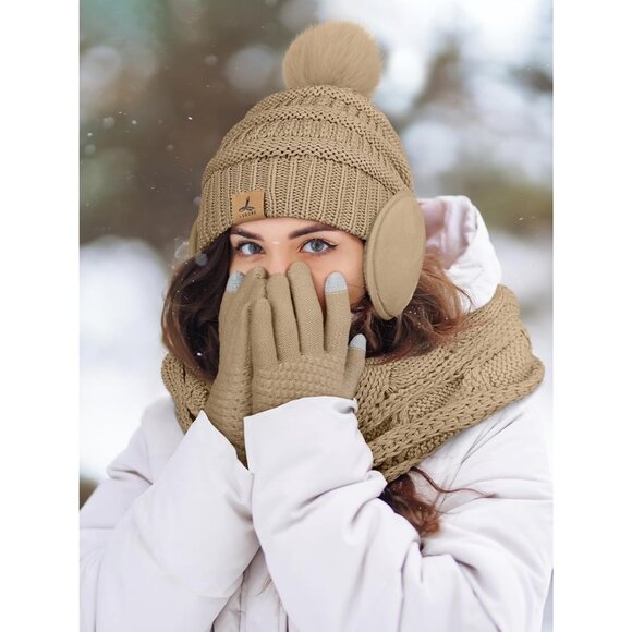 Women Khaki Knit Beanie Hat, Gloves, Scarf & Ear Warmer Set - Wintervvvvvvv - Picture 6 of 7